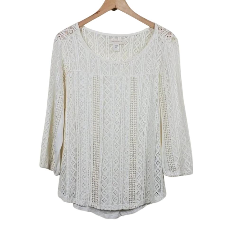 Canyon River Blues Lace Blouse Ivory Womens Size M Boho Crochet Mesh 3/4 Sleeve